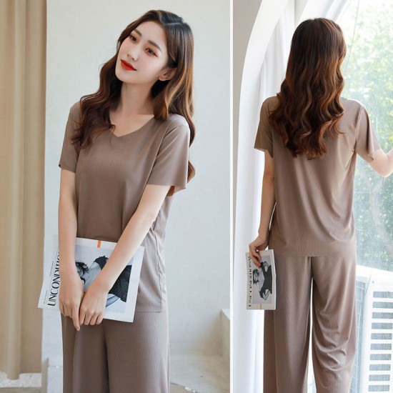 Weiches und bequemes Ice Silk T-Shirt mit kurzen rmeln Zweiteiliges Set Lose Hose mit weitem Bein