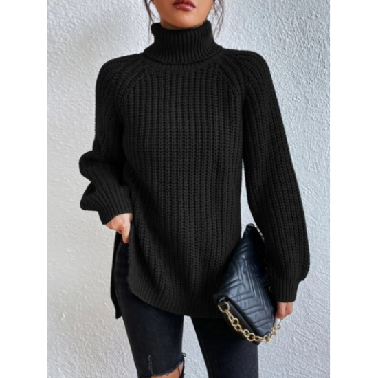 Rollkragenpullover aus Baumwoll mit Raglanrmel und geteiltem Saum
