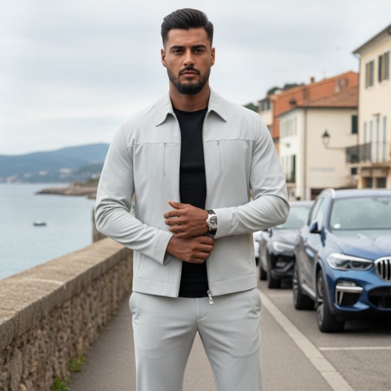 Herren 2-teiliges Freizeit-Set in Unifarben für Herbst und Winter (Jacke + Hose)