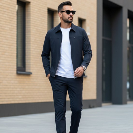 Herren 2-teiliges Freizeit-Set in Unifarben für Herbst und Winter (Jacke + Hose)