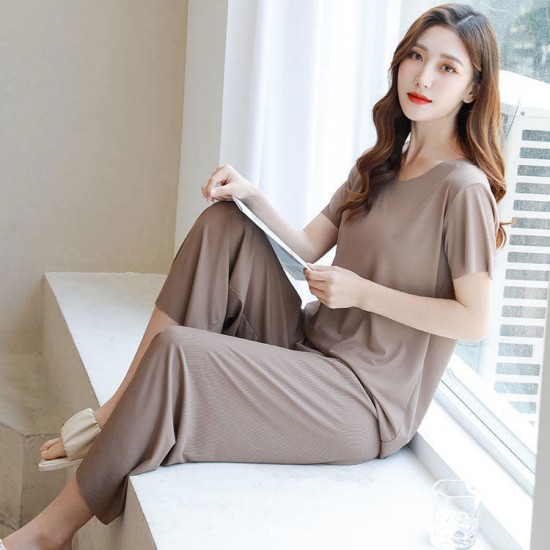 Weiches und bequemes Ice Silk T-Shirt mit kurzen rmeln Zweiteiliges Set Lose Hose mit weitem Bein