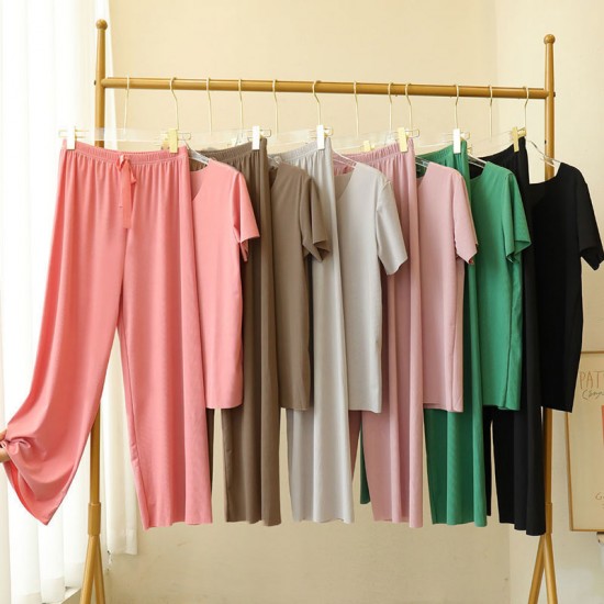 Weiches und bequemes Ice Silk T-Shirt mit kurzen rmeln Zweiteiliges Set Lose Hose mit weitem Bein