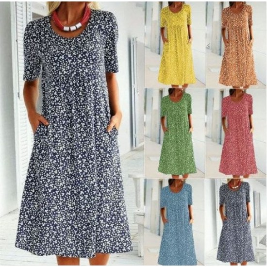 2024 Neujahrs-Hot Sale Lssiges Damen Blumenkleid mit Rundhalsausschnitt (8 Farben mit Taschen)