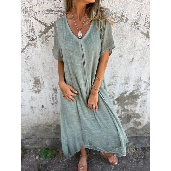 Lssiges Baumwoll-Leinen-Kleid mit V-Ausschnitt für Frauen