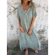 Lssiges Baumwoll-Leinen-Kleid mit V-Ausschnitt für Frauen