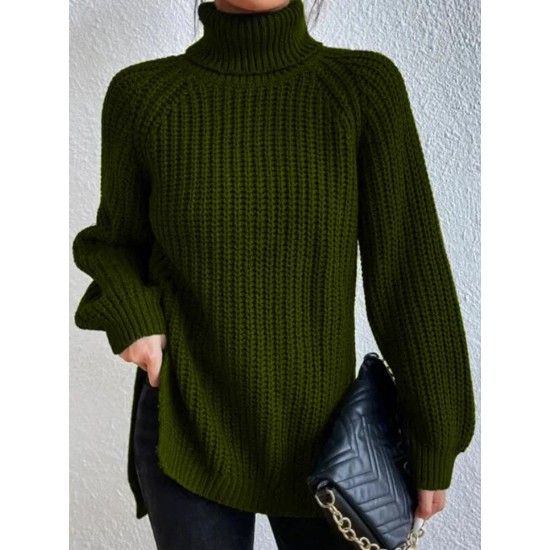 Rollkragenpullover aus Baumwoll mit Raglanrmel und geteiltem Saum