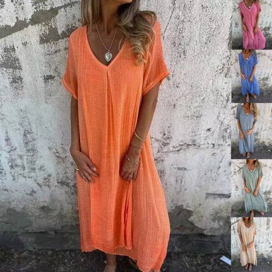 Lssiges Baumwoll-Leinen-Kleid mit V-Ausschnitt für Frauen