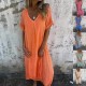 Lssiges Baumwoll-Leinen-Kleid mit V-Ausschnitt für Frauen