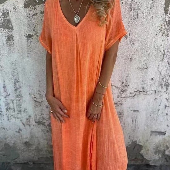 Lssiges Baumwoll-Leinen-Kleid mit V-Ausschnitt für Frauen