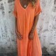 Lssiges Baumwoll-Leinen-Kleid mit V-Ausschnitt für Frauen