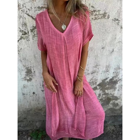 Lssiges Baumwoll-Leinen-Kleid mit V-Ausschnitt für Frauen