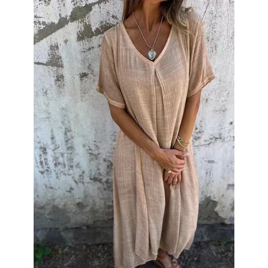 Lssiges Baumwoll-Leinen-Kleid mit V-Ausschnitt für Frauen