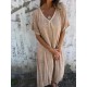 Lssiges Baumwoll-Leinen-Kleid mit V-Ausschnitt für Frauen