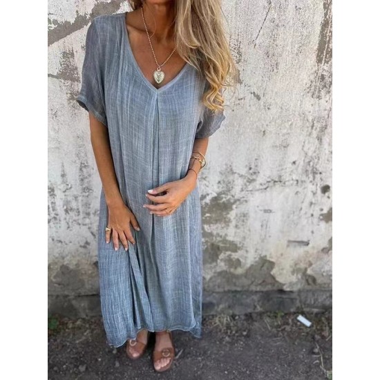 Lssiges Baumwoll-Leinen-Kleid mit V-Ausschnitt für Frauen