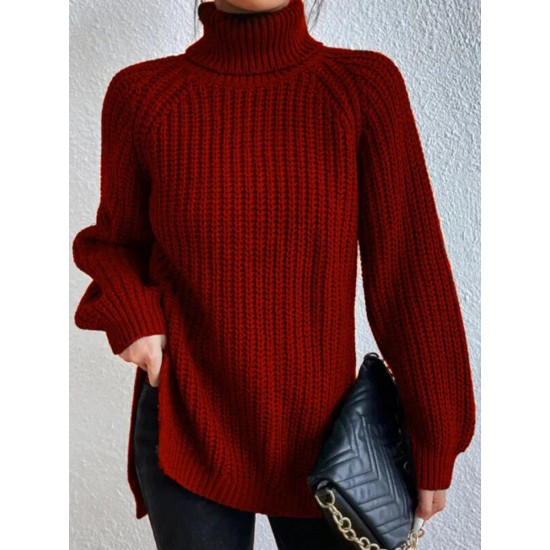 Rollkragenpullover aus Baumwoll mit Raglanrmel und geteiltem Saum