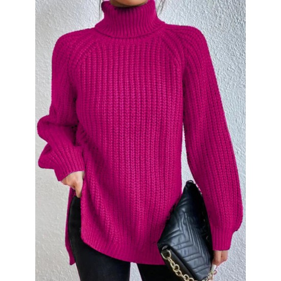 Rollkragenpullover aus Baumwoll mit Raglanrmel und geteiltem Saum