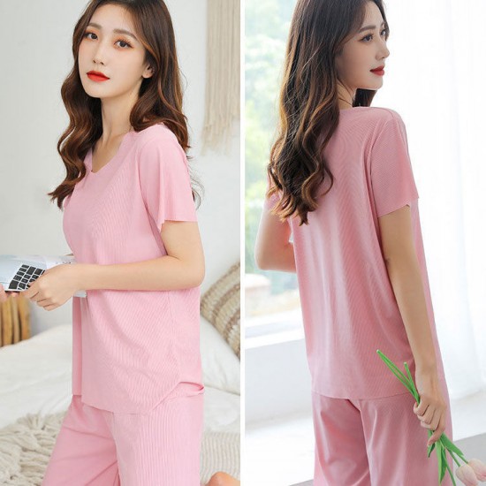 Weiches und bequemes Ice Silk T-Shirt mit kurzen rmeln Zweiteiliges Set Lose Hose mit weitem Bein