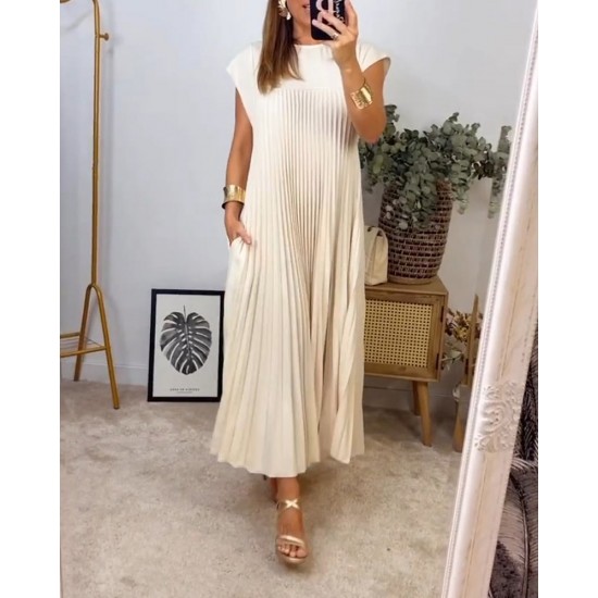 HOT SALEDamen plissiertes einfaches einfarbiges Kleid