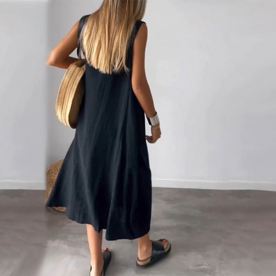 55% Rabatt rmelloses Freizeitkleid aus Baumwolle und Leinen mit Tasche
