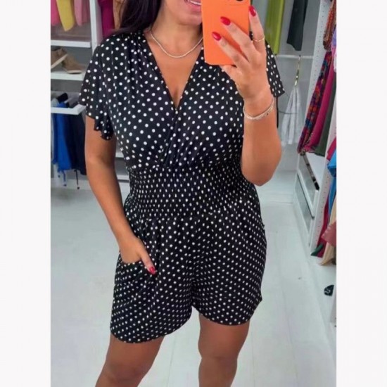 Einteiliger kurzer Jumpsuit mit V-Ausschnitt und Tupfen