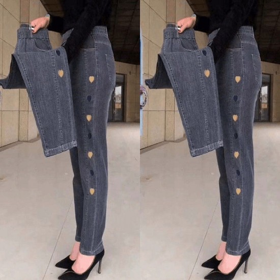 Damen Hochelastische Jeans Mit Herz-Muster Stickere