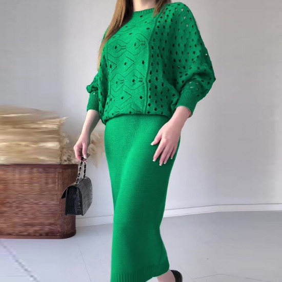 Herbst-NeuankünfteGestricktes durchbrochenes langrmeliges Top & rmelloses Kleid Set
