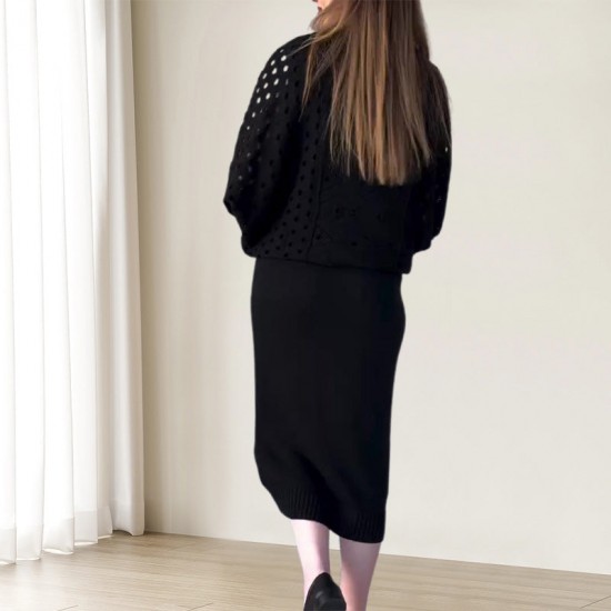 Herbst-NeuankünfteGestricktes durchbrochenes langrmeliges Top & rmelloses Kleid Set