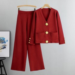 Damen-Zweiteiler aus Pullover mit Knpfen und Hose mit weitem Bein