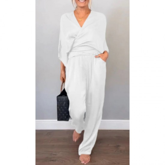 2-teiliges Damen-Set aus Oberteil und Hose mit V-Ausschnitt und merzerisierter Baumwolle