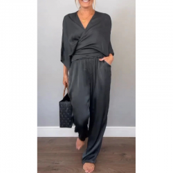 2-teiliges Damen-Set aus Oberteil und Hose mit V-Ausschnitt und merzerisierter Baumwolle