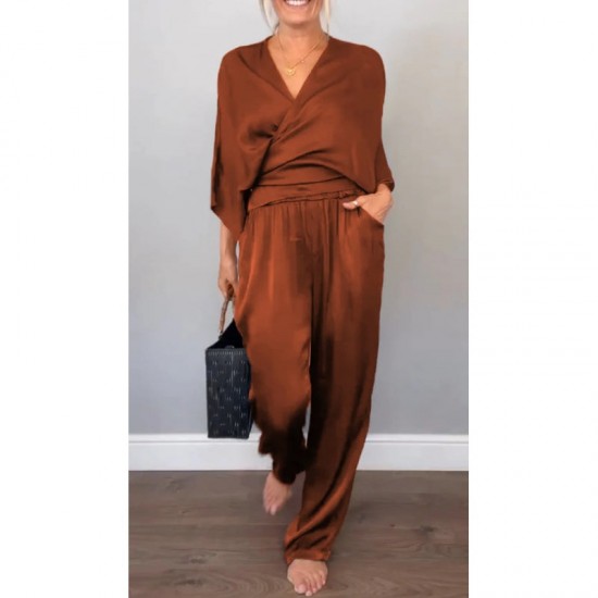 2-teiliges Damen-Set aus Oberteil und Hose mit V-Ausschnitt und merzerisierter Baumwolle