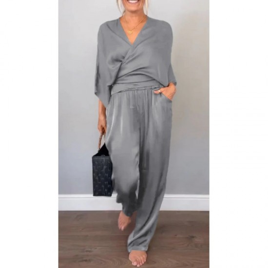 2-teiliges Damen-Set aus Oberteil und Hose mit V-Ausschnitt und merzerisierter Baumwolle