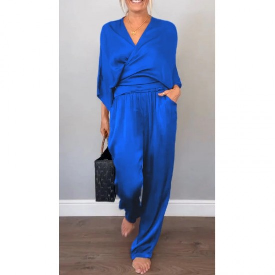 2-teiliges Damen-Set aus Oberteil und Hose mit V-Ausschnitt und merzerisierter Baumwolle