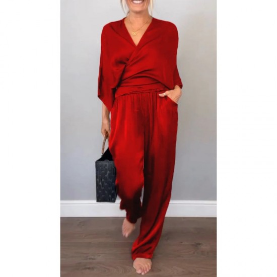 2-teiliges Damen-Set aus Oberteil und Hose mit V-Ausschnitt und merzerisierter Baumwolle