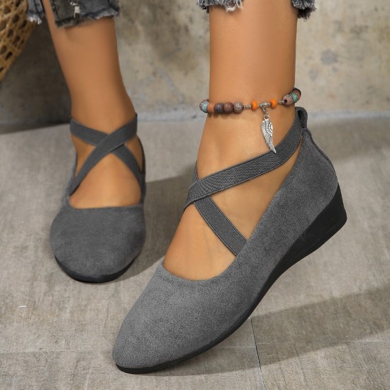 Elegante feste Farbe elastische Riemen niedrige Keilschuhe