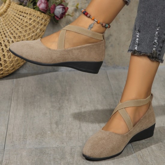 Elegante feste Farbe elastische Riemen niedrige Keilschuhe