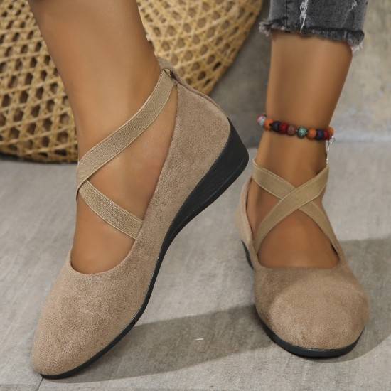 Elegante feste Farbe elastische Riemen niedrige Keilschuhe