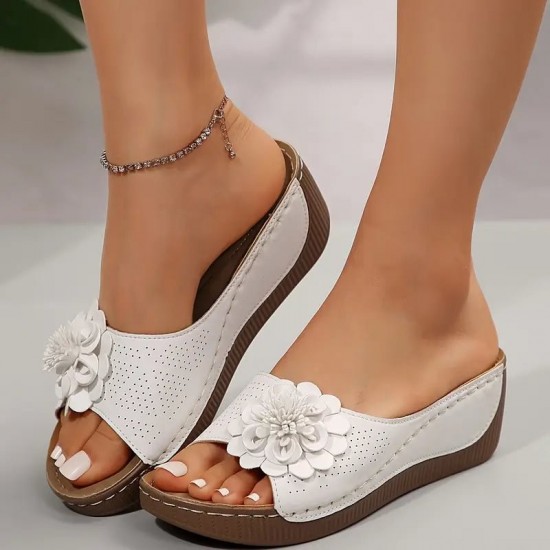 Damen bequeme Slip-On Sandalen mit Blumenverzierung