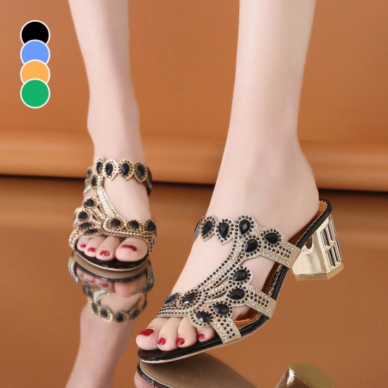 Leichte Damen-Sandaletten mit Strass, Einriemer-Design und Blockabsatz